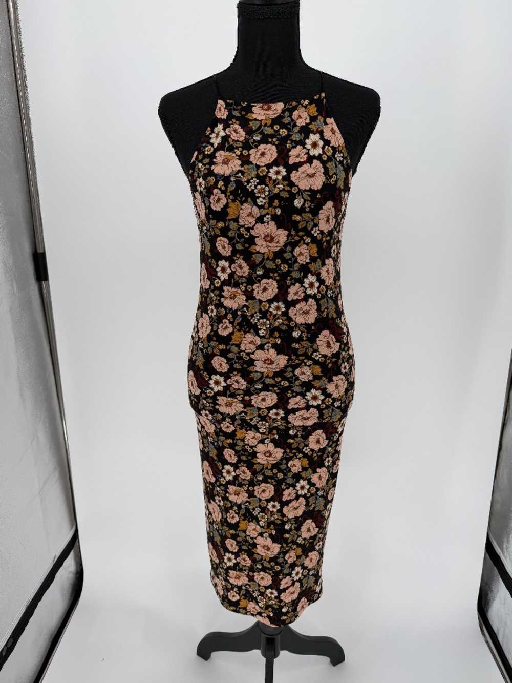 90s Forever 21 Floral Halter Midi Dress | Muted Rose & Gold Bodycon Small